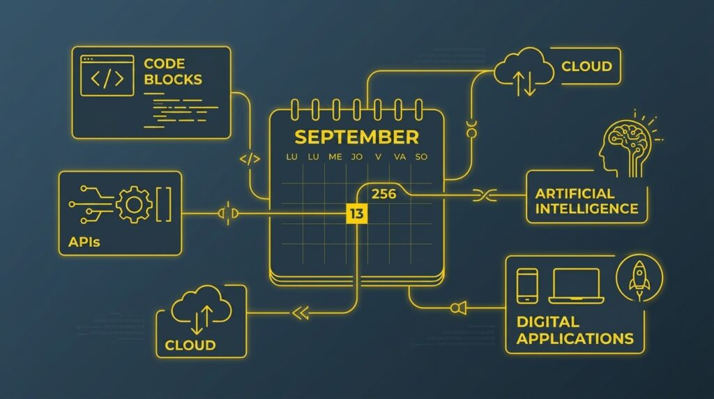 Minimalist technology infographic. A September calendar highlights day 256 and connects it visually with code blocks, APIs, cloud computing, artificial intelligence and digital applications.