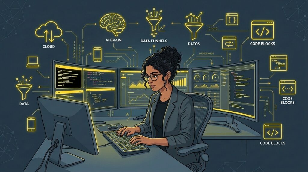 Modern editorial technology illustration showing a developer surrounded by visual elements representing cloud computing, AI, data, cybersecurity and software architecture. Clean corporate composition.